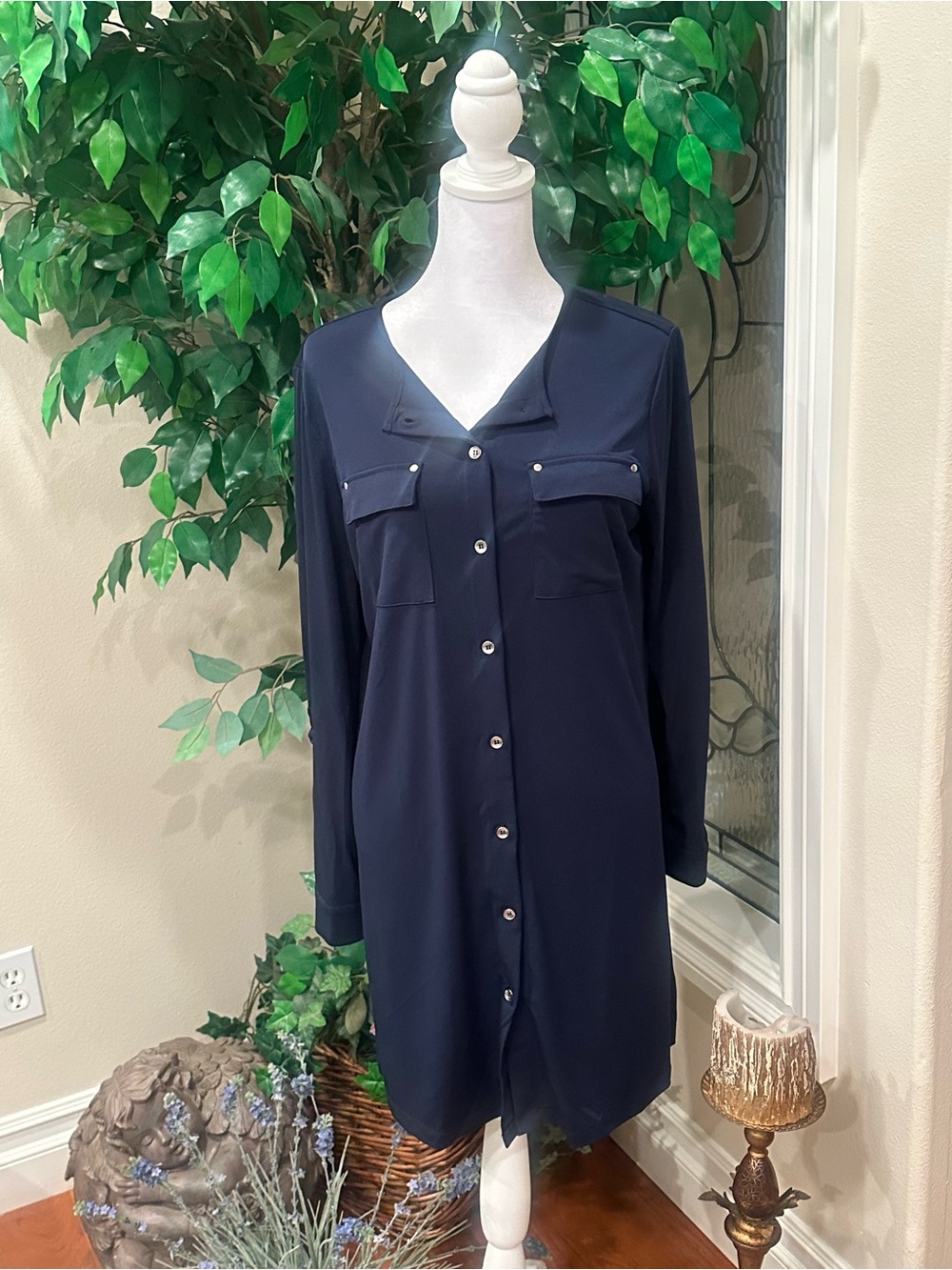 Susan Graver Navy Blue Liquid Knit Button Front Shirt Dress Tunic Women's Small